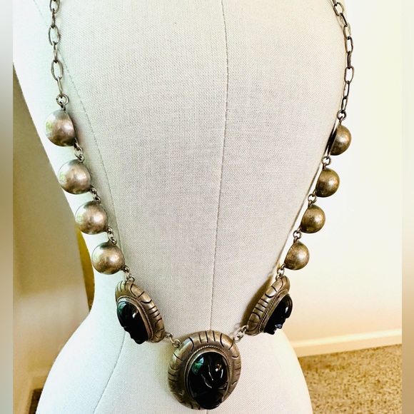 🔥 Vintage Tribal Aztec Mask Black Obsidian Silver Necklace - Picture 9 of 17